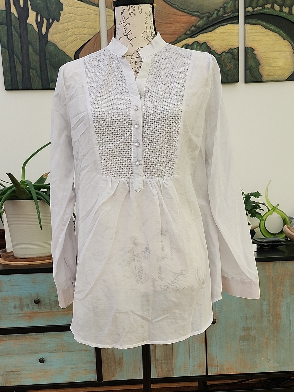 ✨ NWT WinterSilks White Cotton/Silk Blend Pintuck Popover Blouse ✨